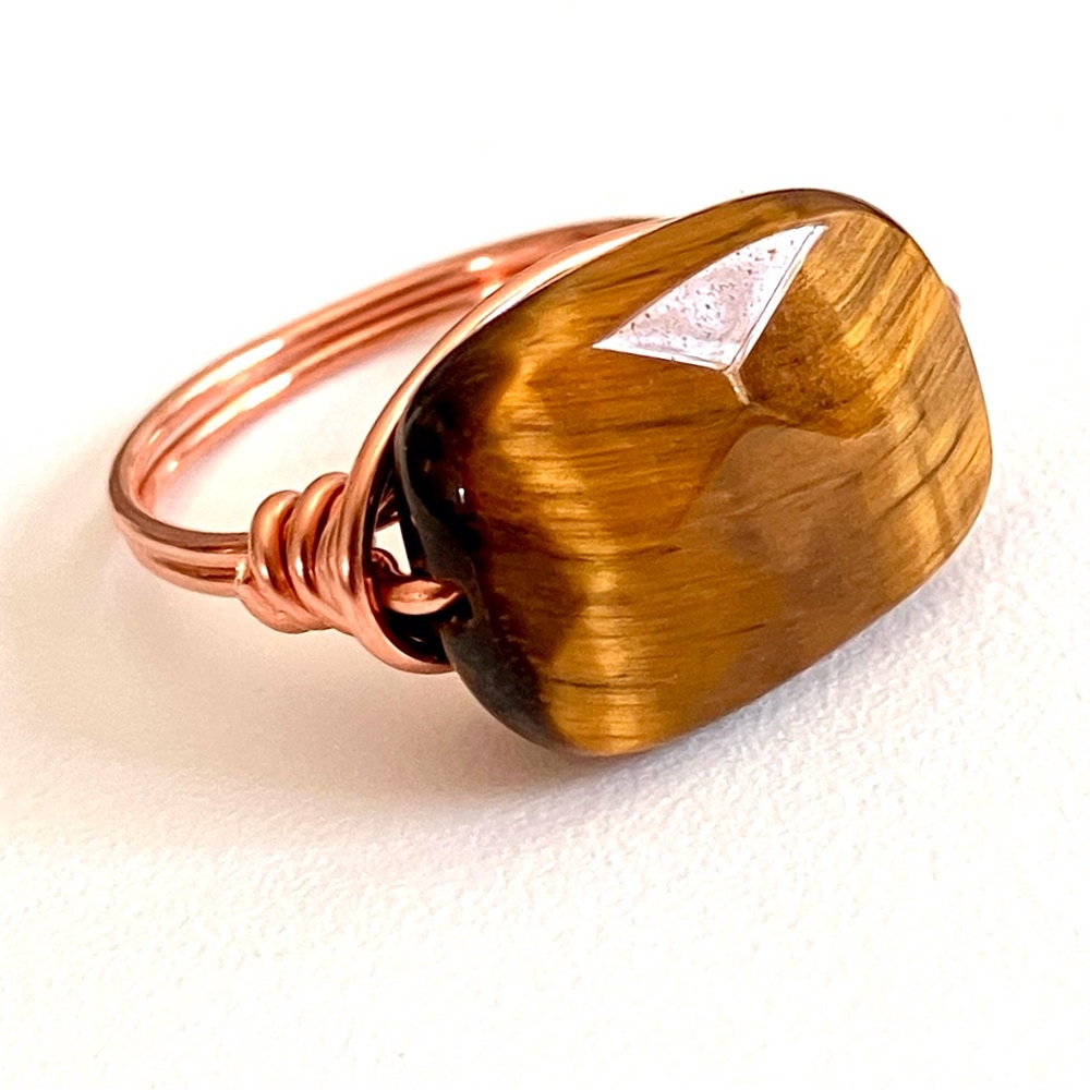 Handmade Unisex Natural Tiger Eye Wire Wrapped Ring in Solid Copper